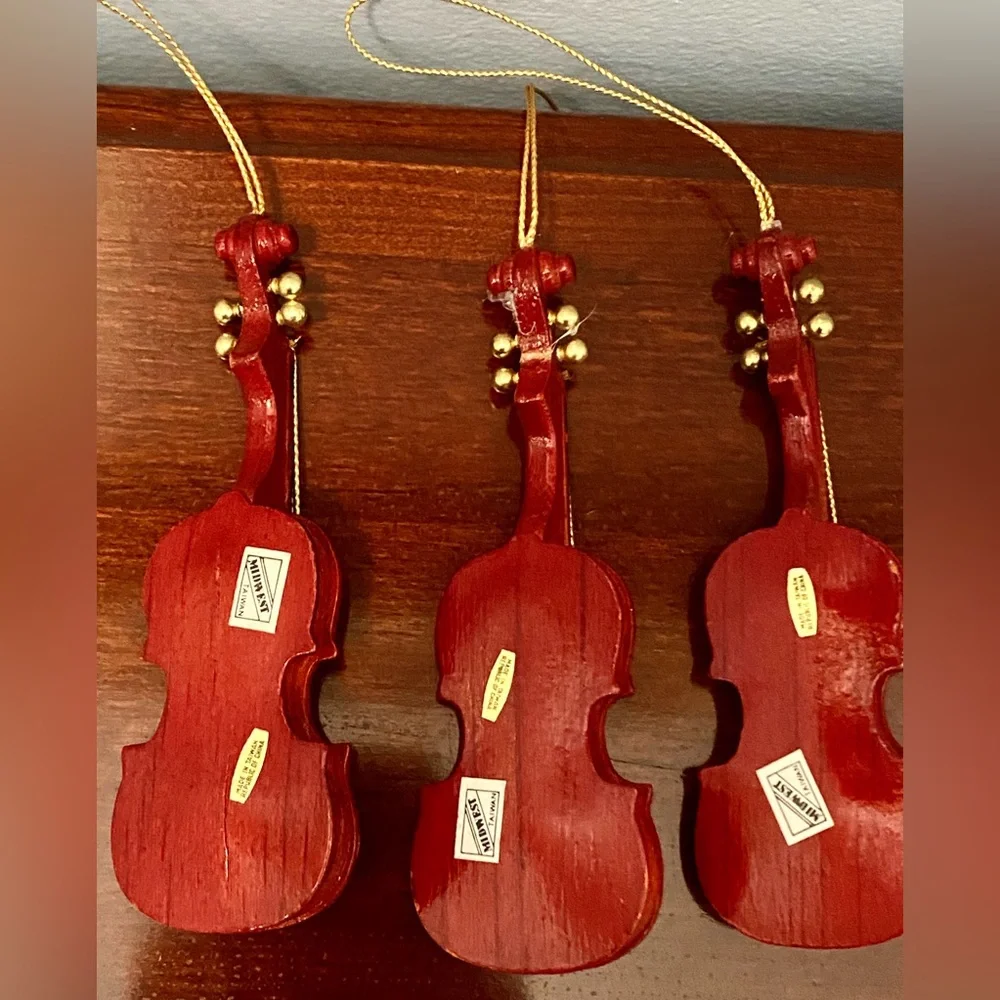 Midwest Vintage Wood Violin Set of 3 Holiday Christmas Ornaments
